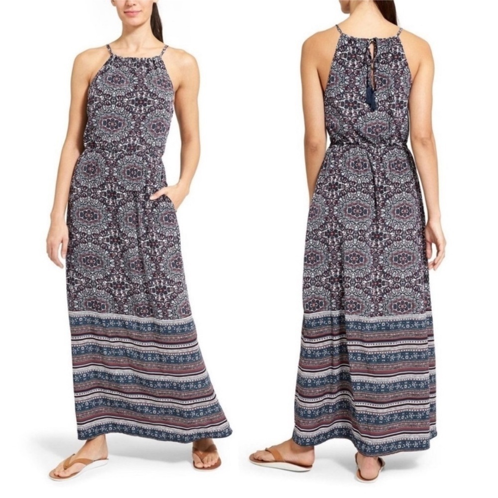 Athleta Island Life Maxi Halter Dress Mosaic Tassel Tie Pockets